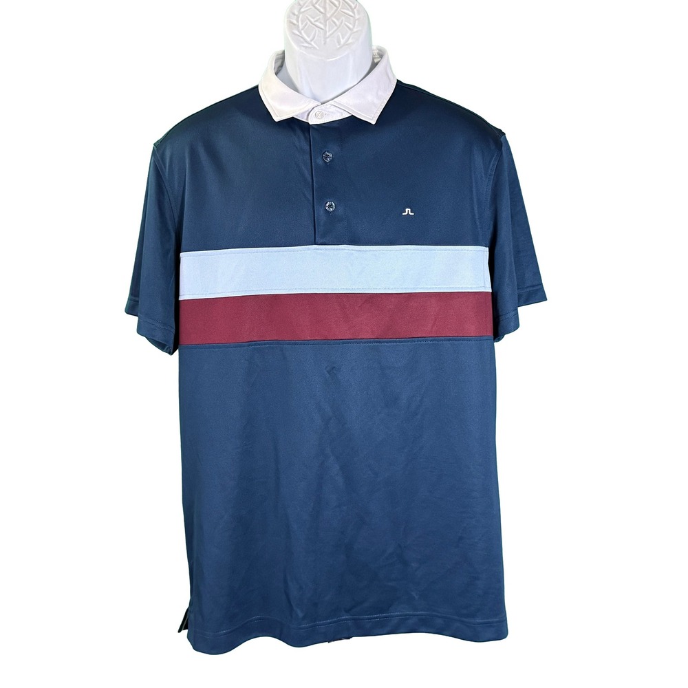 J.Lindeberg Golf Polo Mens XL Navy Blue Striped Regular Fit Short Sleeve Shirt